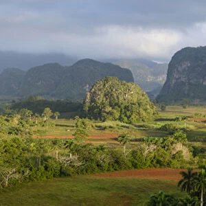 Cuba, Vinales. Panoramic view of the valley of Vinales with mogote, or limestone formations