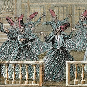 Dance of the Sufi dervishes. 19th century. Colored engraving