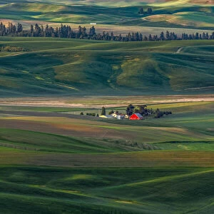 Distant idyllic farm homestead from elevated view from Steptoe Butte State Park