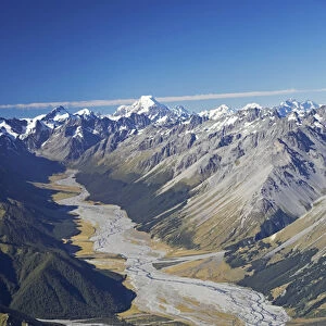 Dobson River and Aoraki / Mt Cook, South Island, New Zealand - aerial
