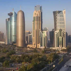 Doha Bay Print - Elevated View of West Bay Skyscrapers at Dawn Doha Bay Print - Elevated View of West Bay Skyscrapers at Dawn