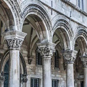 Dubrovnik, Croatia. Ornate columns at Sponza Palace