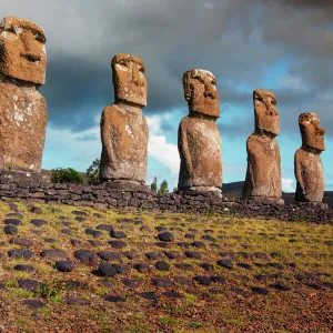 Easter Island, Chile. A Row of Moai statues