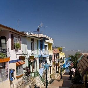 Ecuador, Guayaquil. Shops and residential areas line the stairs leading to the top