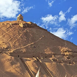 Egypt, Aswan, Nile River, Felucca sailboats, temple ruins and the large sand dunes