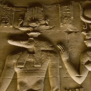 Egypt, Kom Ombo. Egyptian gods Sobek, the crocodile and Isis, mother of life on a