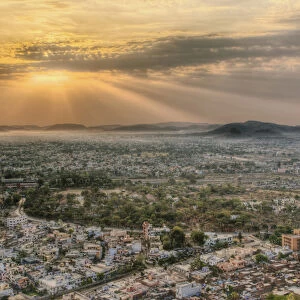 Elevated view of Udaipur, India at sunrise