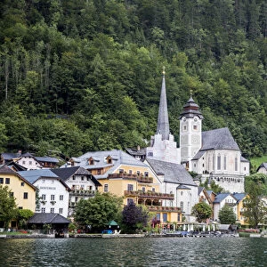 Europe, Austria, Hallstatt, Town of Hallstatt as seen from Lake Hallstatt which is part