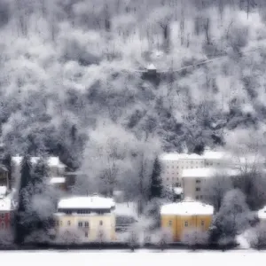 Europe, Austria, Salzburg. Dreamlike view of residences and snow-covered trees on hillside Europe, Austria, Salzburg. Dreamlike view of residences and snow-covered trees on hillside
