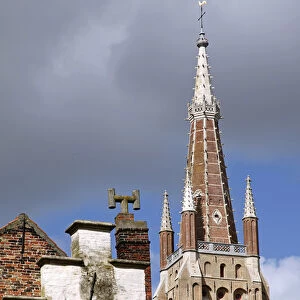 Europe, Belgium, Brugges. Stepped Gable and Steeple of Brugges