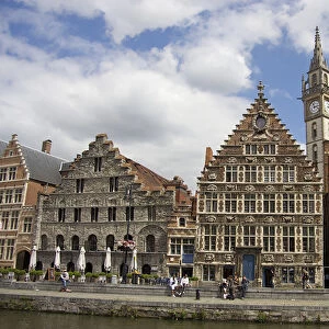 Europe, Belgium, Ghent. The medieval guild houses of Ghents Graslei quay, viewed