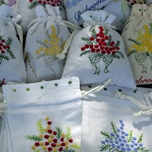 Europe, Croatia, Dubrovnik. Typical hand embroidered souvenir textiles
