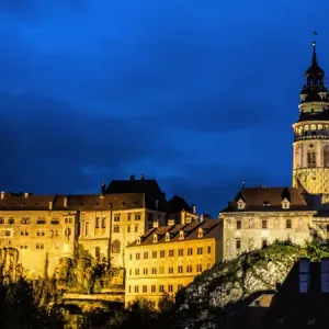 Europe; Czech Republic; Chesky Krumlov. View of Chesky Krumlov and castle at night