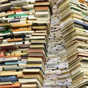 Europe, Czech Republic, Prague. Book sculpture at Prague City Library. Credit as