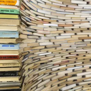 Europe, Czech Republic, Prague. Book sculpture at Prague City Library. Credit as