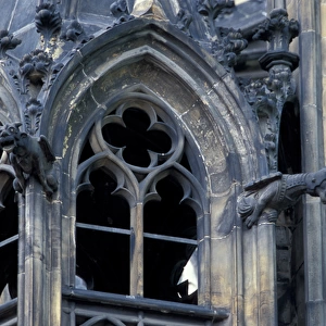Europe, Czech Republic, Prague, Castle window detail and gargoyle