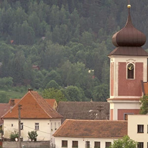 Europe, Czech Republic, South Moravia, Nedvedice Town church by Pernstejn Castle