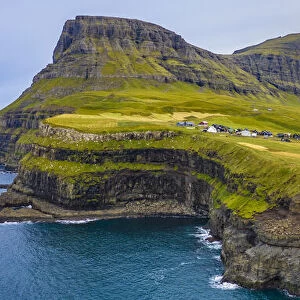 Europe, Faroe Islands. Aerial view of the village of Gasadalur