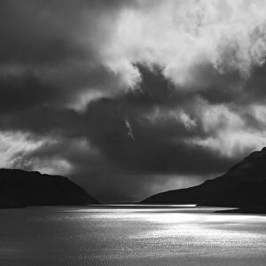 Europe, Faroe Islands. Black and White view of the fjord of Sundini between the islands