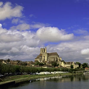 Europe, France, Burgundy, Yonne, Auxerre. View of Cathedral and Yonne River barges