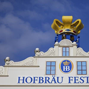 Europe, Germany, Munich. Top front of the Hofbrau Festzelt tent hall at Oktoberfest