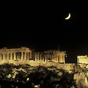 Europe, Greece, Athens, Acropolis. Moonrise over the Parthenon