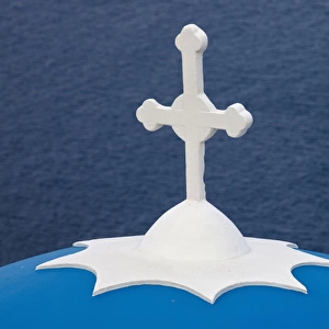 Europe, Greece, Greek Island, Santorini, Blue Dome, Church, White Cross, Firostefani