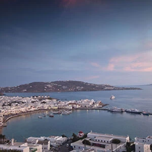 Europe, Greece, Greek Isles, Mykonos, Horia, Overviewing the harbor below, near Sunset
