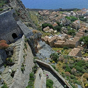 Europe, Greece, Peloponnese, Monemvasia (single entrance). Medieval zig-zag path