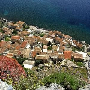 Europe, Greece, Peloponnese, Monemvasia (single entrance). View overlooking the old city main gate