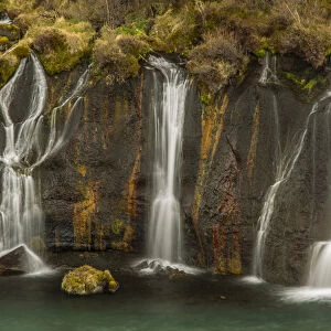 Europe, Iceland, Hraunfossar. Waterfalls flow over igneous rocks