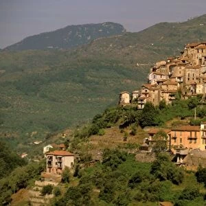 Europe, Italy, Liguria, Riviera di Ponente, Apricale. Morning hill town view
