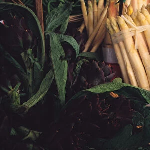 Europe, Italy, Venice. Artichokes and white asparagus for sale in Rialto Farmers Market