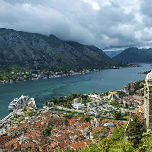 Europe, Montenegro, Kotor. Cruise ship in city harbor