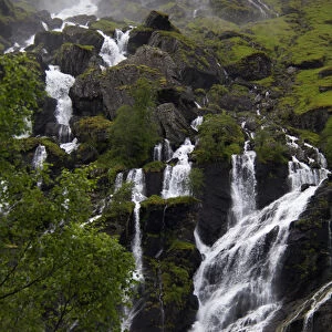 Europe, Norway, Flam. Lush waterfall in Flam, Norway