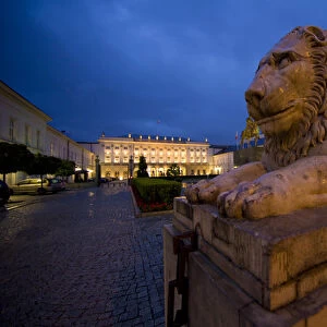 Europe, Poland, Warsaw. Lion statue outside government buildings
