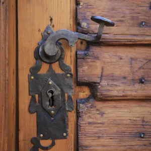 Europe, Romania, Brasov. Door handle, key hole