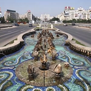 Europe, Romania, Bucharest, Fountains on B-dul Unirii Boulevard