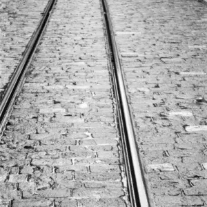 Europe, Switzerland, Bern. Tram tracks, Marktgasse Europe, Switzerland, Bern. Tram tracks, Marktgasse