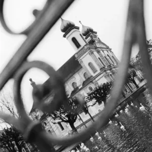 Europe, Switzerland, Lucerne. Jesuit church through railing Europe, Switzerland, Lucerne. Jesuit church through railing