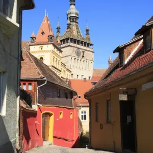 Europe, Transylvania, Romania, Mures County, Sighisoara, cobblestone residential street in village
