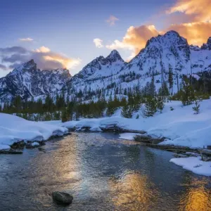 Evening light over the Tetons from Cottonwood Creek in winter, Grand Teton National Park