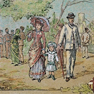 Family walking. Barcelona. Catalonia. Spain. 1885