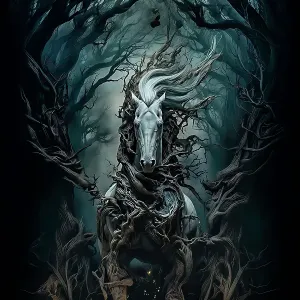 Fantasy of horse charging through forest. &copy;Jim Zuckerman / Jaynes Gallery / DanitaDelimont.com