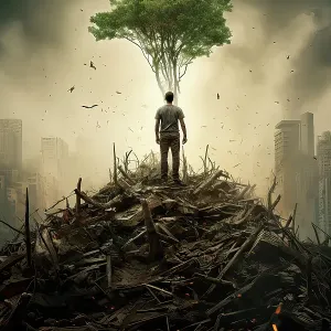 Fantasy of man on wreckage heap facing tree and survival. &copy;Jim Zuckerman / Jaynes Gallery / DanitaDelimont.com