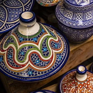 Fez, Morocco. Colorful pottery tagines, tajines