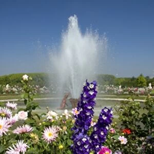 Flowers and fountains in the gardens at The Palace of Versailles at Versailles in France