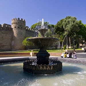 Fountain before the city wall of the old town of Baku, Azerbaijan, Caucasus