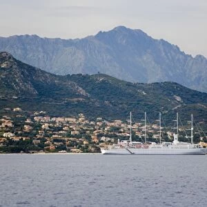 France, Corsica. Cruise ship at anchor off the coast at Ile Rouse