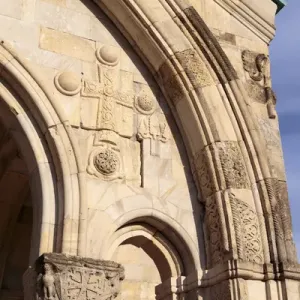 Georgia, Kutaisi. Carvings on the front of Bagrati Cathedral